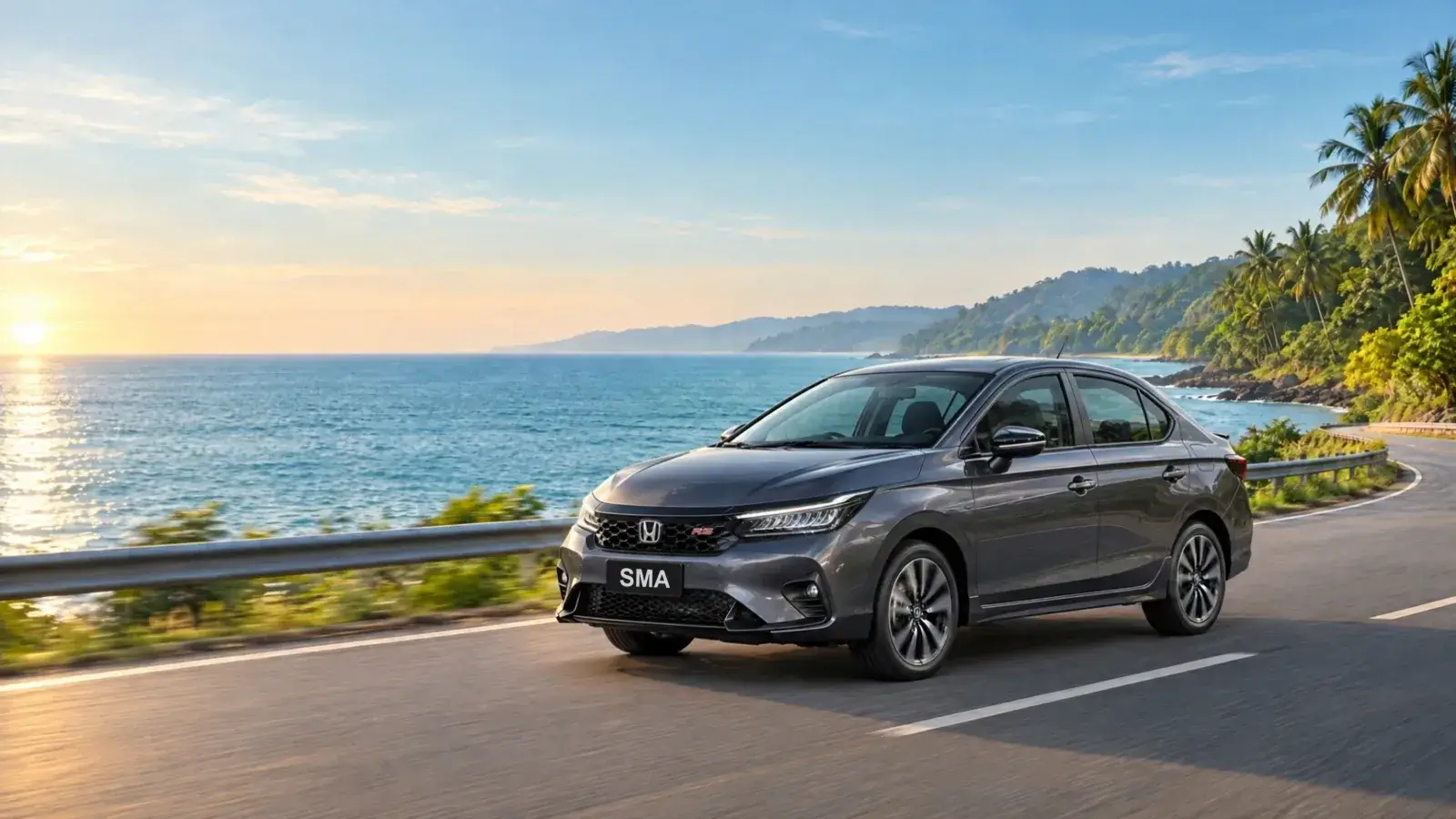 Honda City SMA di jalan pantai Kuantan ketika matahari terbit